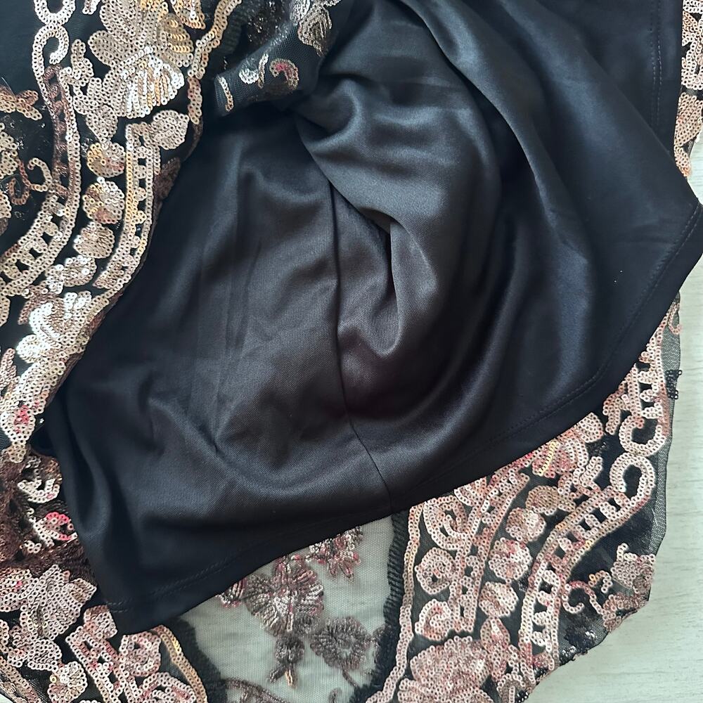 She + Sky Large NWT Black Rose Gold Sequin Maxi Dress Spaghetti Straps Elegant - Picture 9 of 15